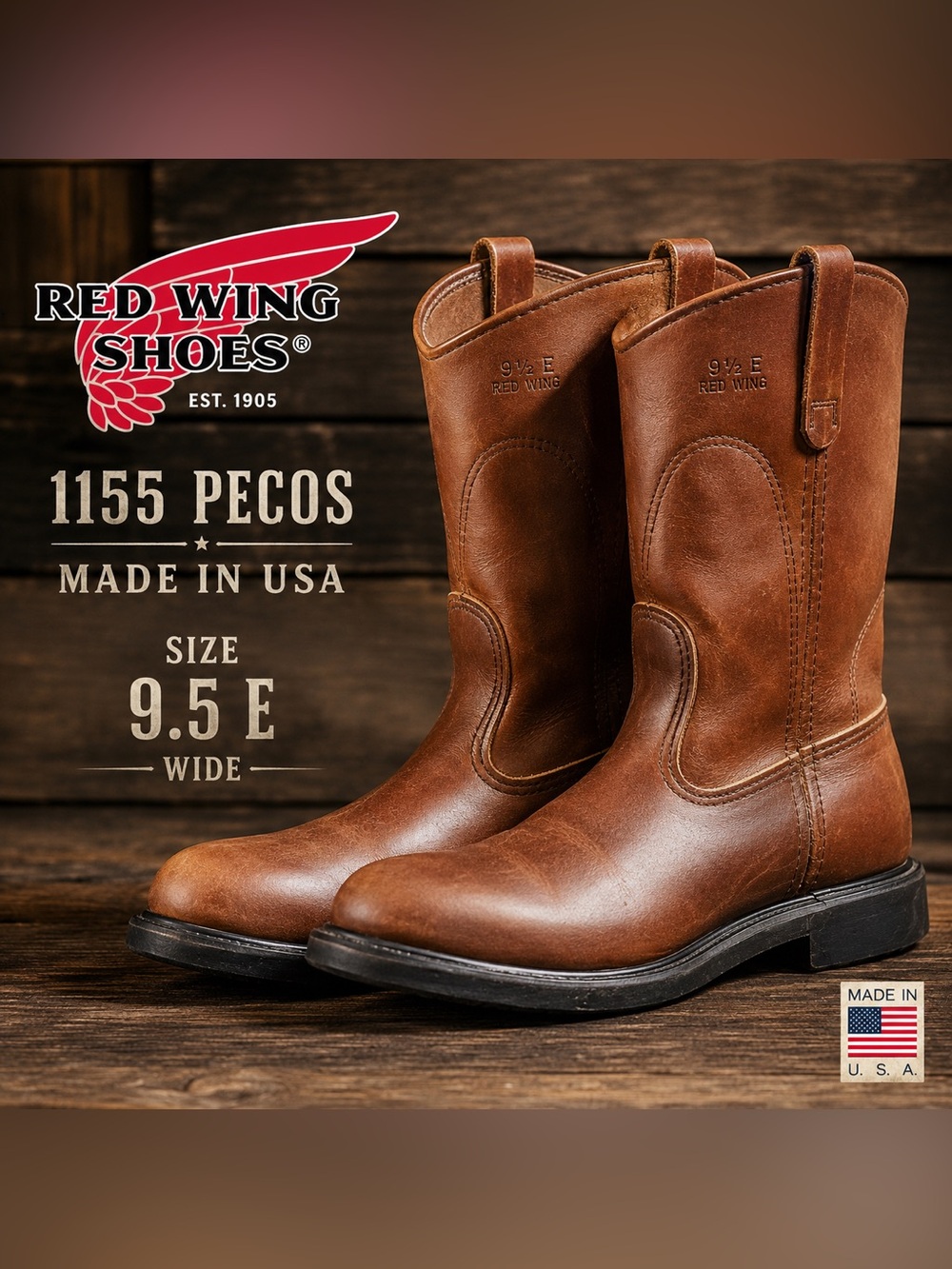 Red Wing 1155 Pecos Pull-On Work Boots Brown Leather Men’s 9.5E oil resistant
